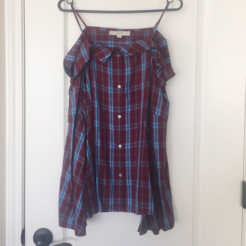 LOFT off the shoulder with small straps plaid top
